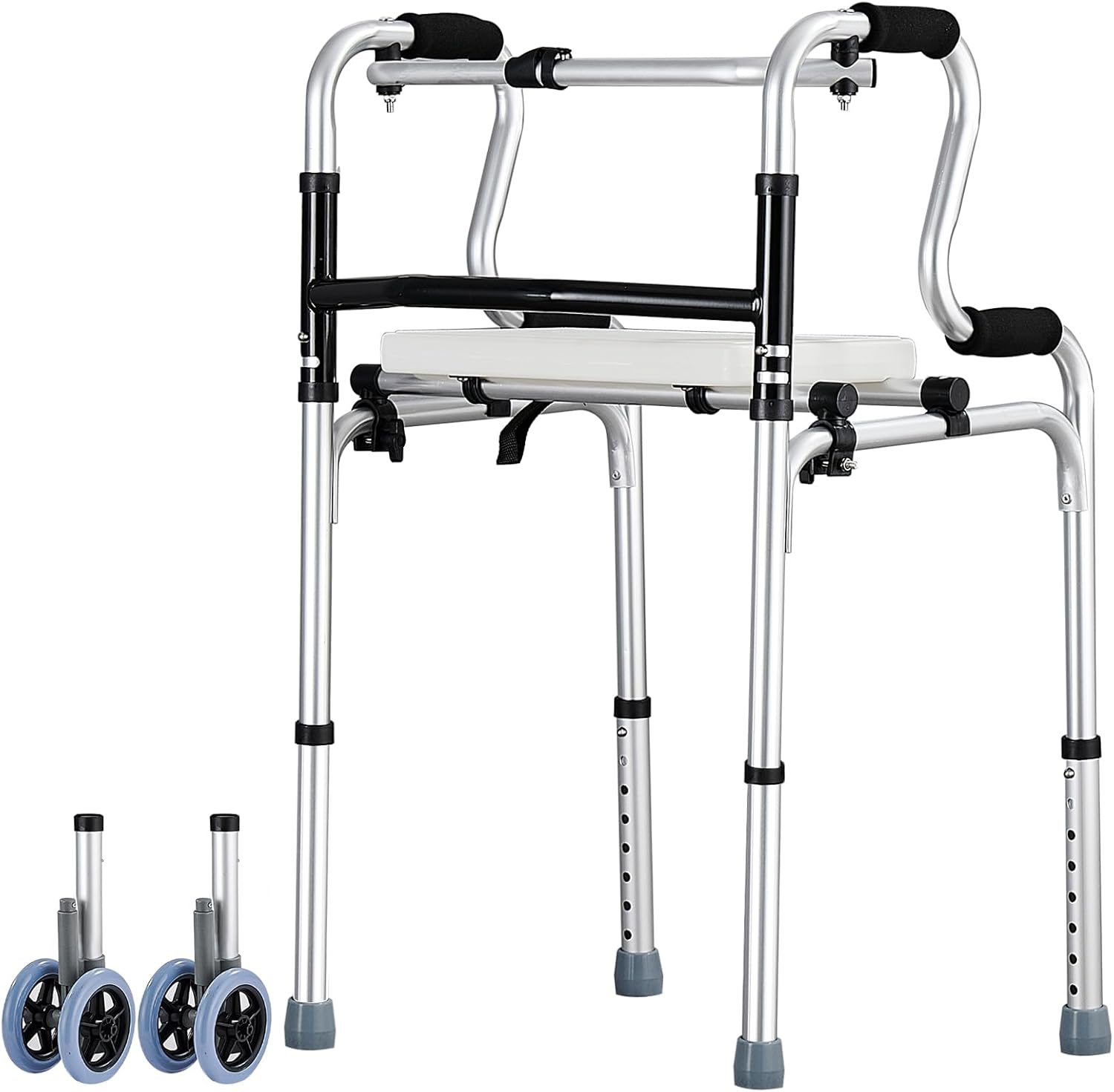 Folding Walkers with Wheels and Seat,Auto Brake Double Front 5" Wheel Walker 350LB,Lightweight Standard Walkers for Seniors,Aluminum Rolling Walker for Adults,Height Adjustable Walking Mobility Aid