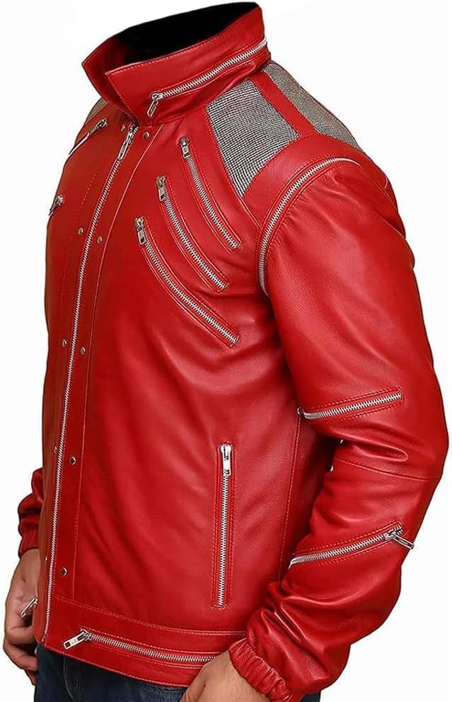 Mens MJJ B3at-It Red Leather Zipper Jacket | Thriller Jacket for Adult Costume for Halloween