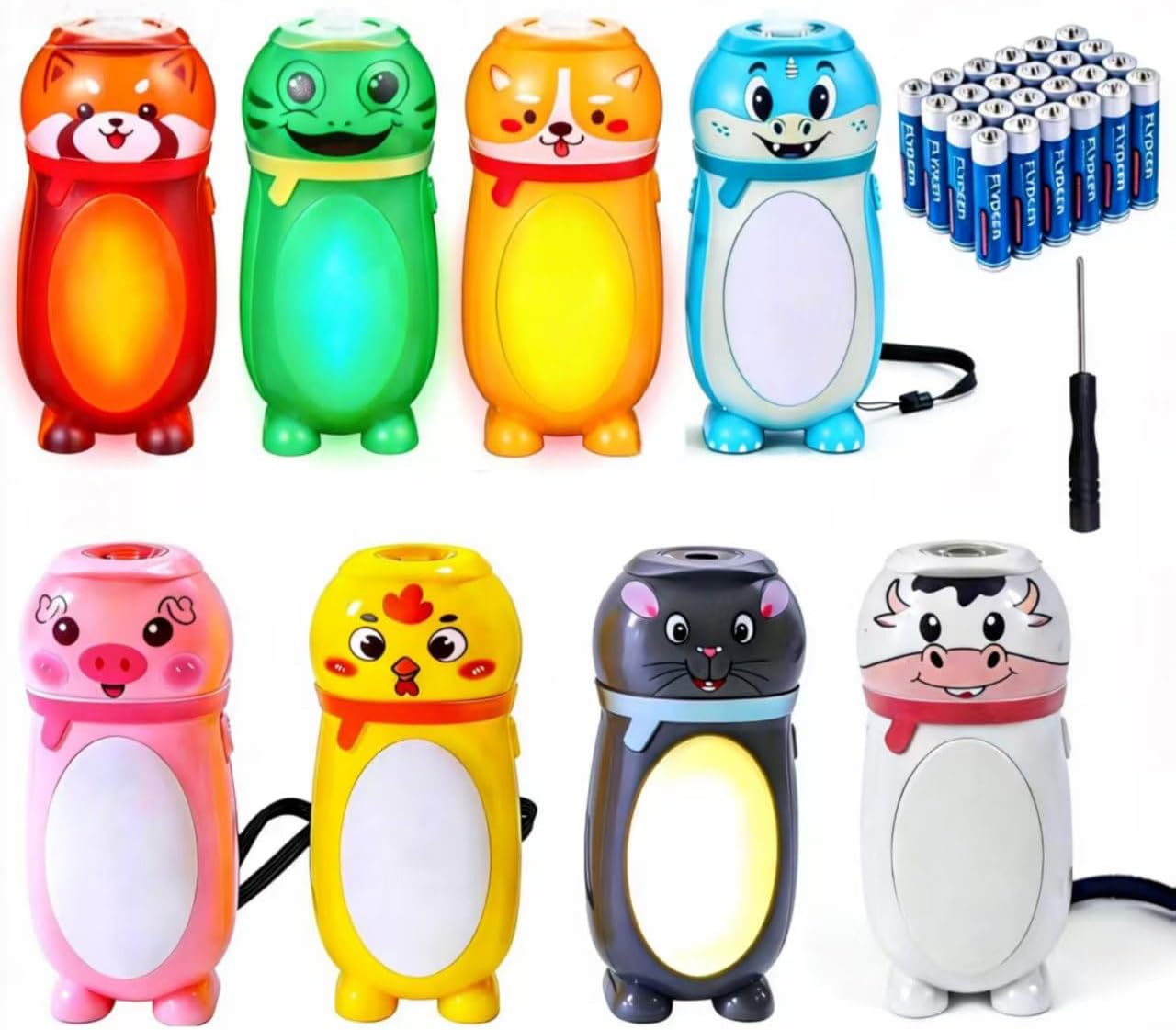 8 Pack Small Mini LED Flashlights for Kids Cute Animal AAA Flashlight Bulk- 2 in 1 Lantern Flashlight - Christmas Gift Stocking Stuffers for Camping for Girls Boys Toddlers Halloween Gifts