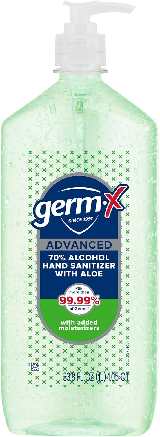 Germ-X Advanced Hand Sanitizer with Aloe and Vitamin E, 1 Liter, Less Drying Moisturizing Gel, No Rinse Formula, Pump Bottle