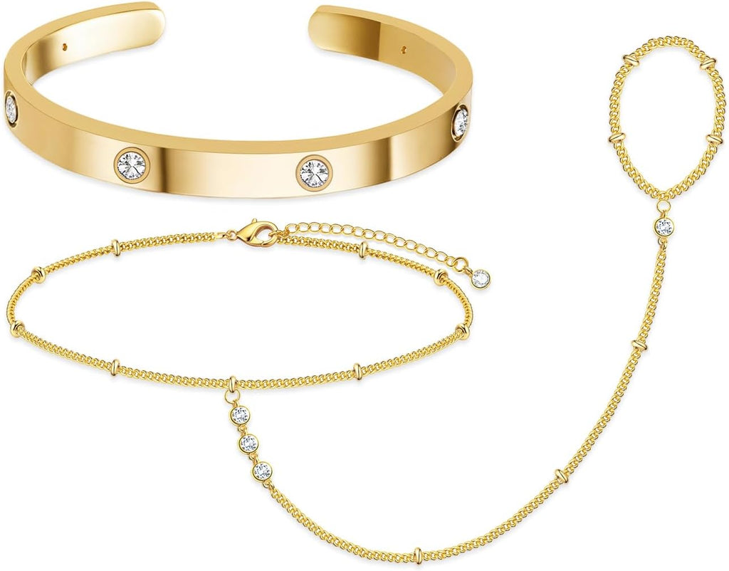 My Queen Bracelets for Women 14K Gold/Silver Plated Dainty Stackable Hand Chain Bracelet Trendy Ring Chain Bangle Cuff Bracelets Adjustable Body Jewelry Set Gifts