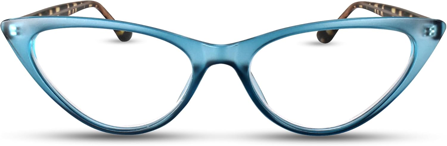 2SeeLife Small Cat Eye Reading Glasses for Women – Narrow-Medium Fit, Sturdy Frame, Spring Hinges, Premium Funky Readers, Turquoise, +1.00