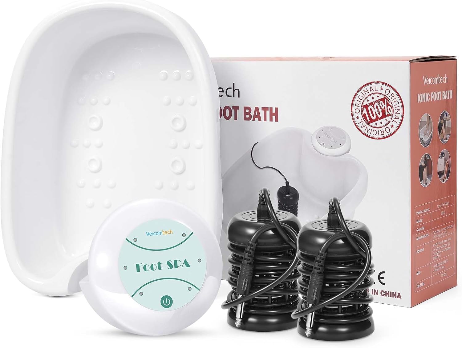 Veicomtech Ionic Foot Bath Detox Machine, Portable Foot Detox Machine for Salon, Ionic Foot Spa with auto 30 mins timer, Ion Foot bath Detox Machine with Basin, 2 Arrays and 100 Liners