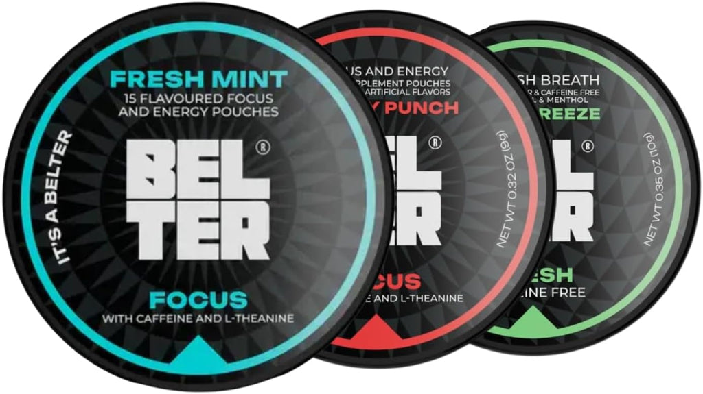 BELTER - Focus Cherry Punch, Focus Fresh Mint, & Fresh Cool Breeze - Caffeine Pouches & Sugar Free Mint Pouch Bundle - 50 Count - Zero-Calorie Energy Boost with L-Theanine - 96mg Caffeine Per Pouch