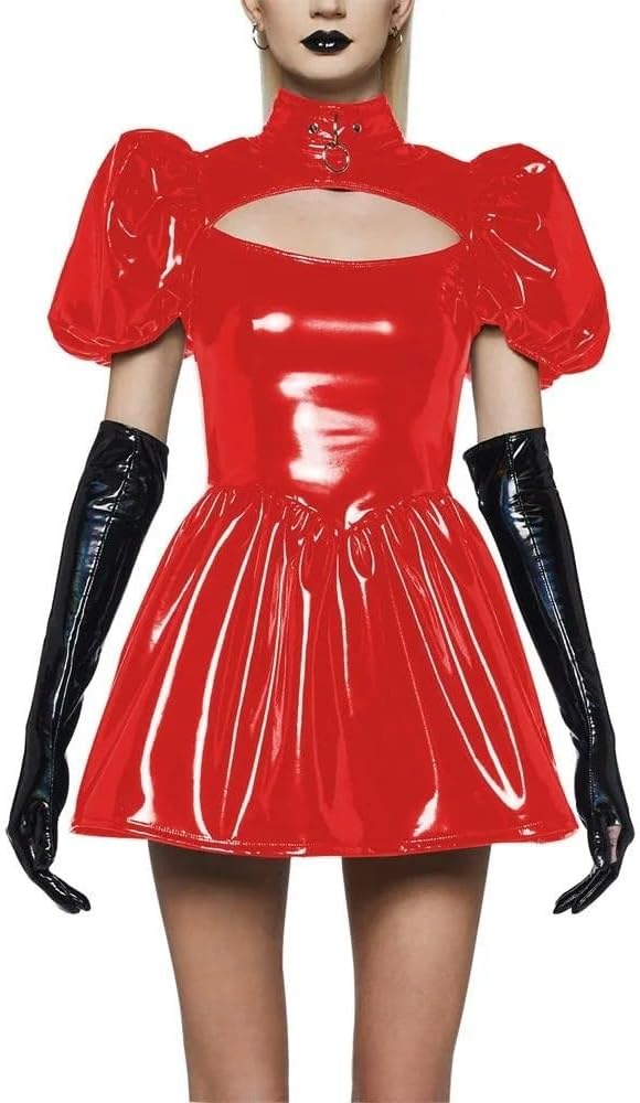 Punk Hollow Out Turtleneck Leather A Line Pleated Mini Dress Short Puff Sleeve PVC Party Clubwear