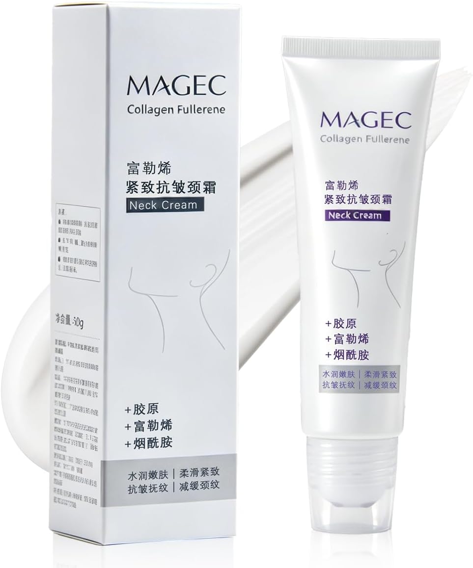 Magic Collagen Fullerene Neck Cream, Tighten and Lift Firming Neck Cream for Crepey Skin, Collagen Neck Cream with Five Rollers, Reduces Wrinkles and Double Chin (1pcs)