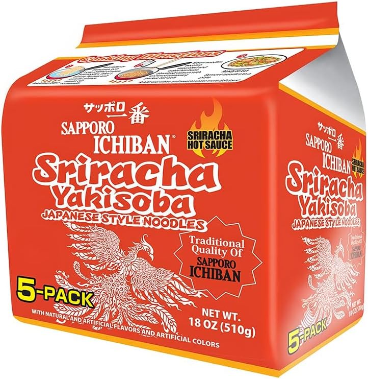[SAPPORO ICHIBAN] Sriracha Yakisoba, Spicy Chow Mein, No. 1 Tasting Japanese Instant Noodles (3.6 Oz/102 g) (5 Packs)