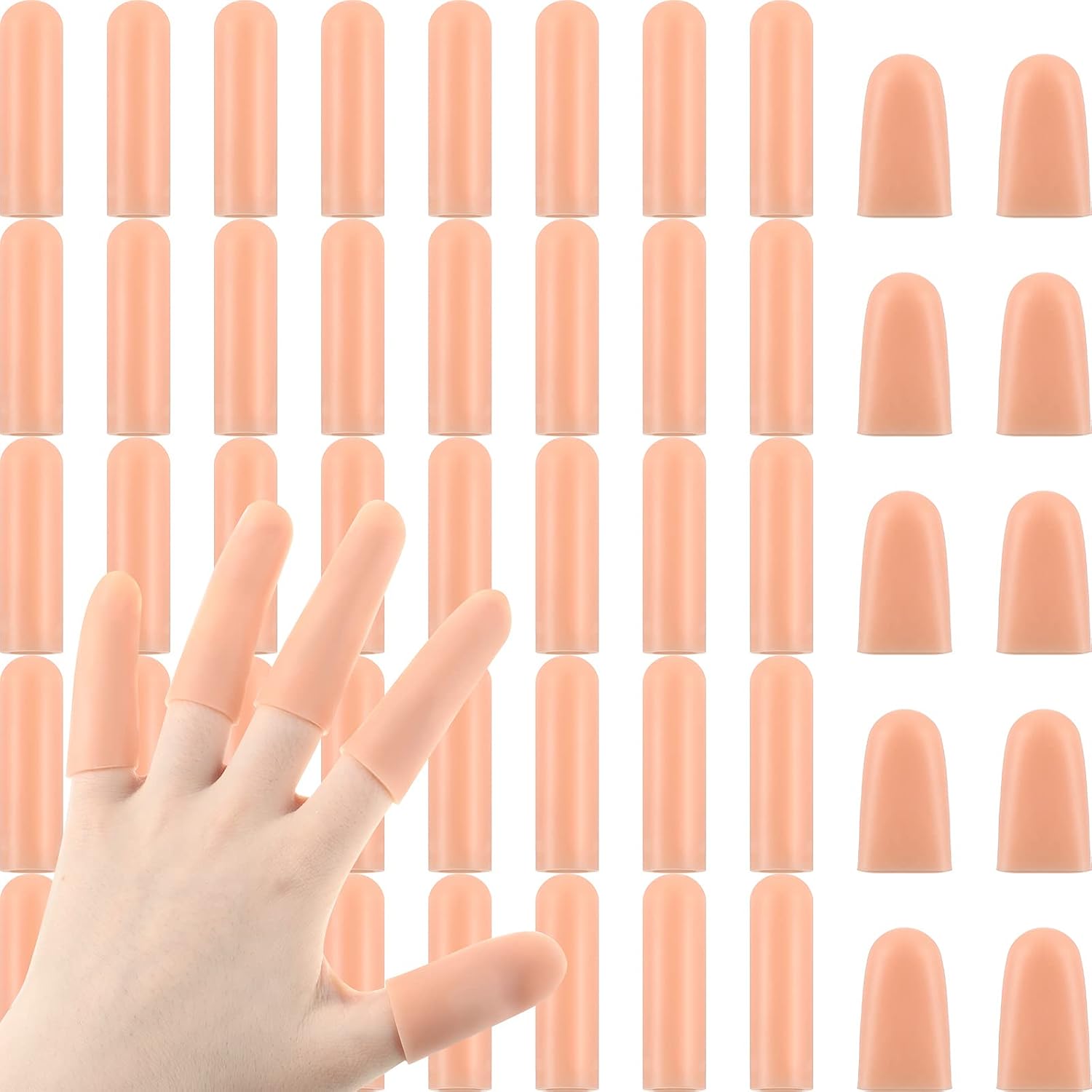 Nuanchu 50 Pcs Gel Finger Cots Silicone Finger Protectors Support Gel Cover Sleeves Gloves Caps, 40 Pieces Long, 10 Pieces Short(Beige)