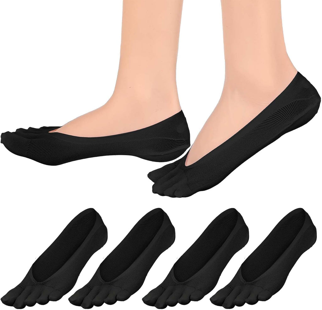 Women's 4 Pairs Orthopedic Toe Compression Socks, Toe Separator Socks for Bunion, Low Cut Liner Five Finger Socks Size 6-9 (Black)