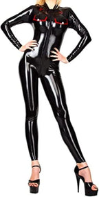 Latex Women's Catsuit Front Zip Natural Rubber Bodysuit Handmade Jumpsuit, Purple and Black,Purple and Black,l