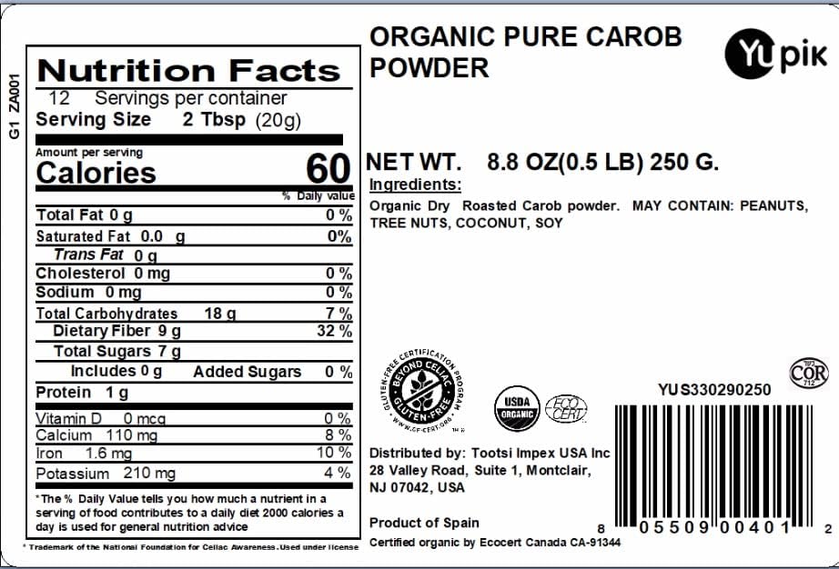 Yupik Organic Pure Raw Carob Powder 8.8 oz, USDA Certified, Non-GMO, Vegan, Gluten-Free, Caffeine-Free, Unroasted, Premium Superfood for Baking & Smoothies