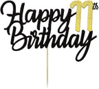 Happy 11th Birthday Cake Toppers Glitter 11th Anniversary Cake Topper 11 Years Loved Bday Decorations 11 Gold Birthday Cake Decorations Eleven Party Supplies for Women Men(Black Gold)
