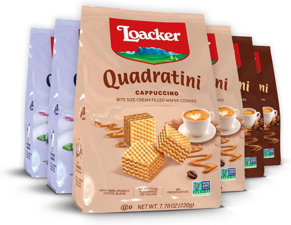 Loacker Quadratini Breakfast Variety Wafer Cookies LARGE - Mix of Cappuccino, Espresso and Blueberry-Yogurt - Premium Bite Size Crispy Wafers - LARGE Pack of 6