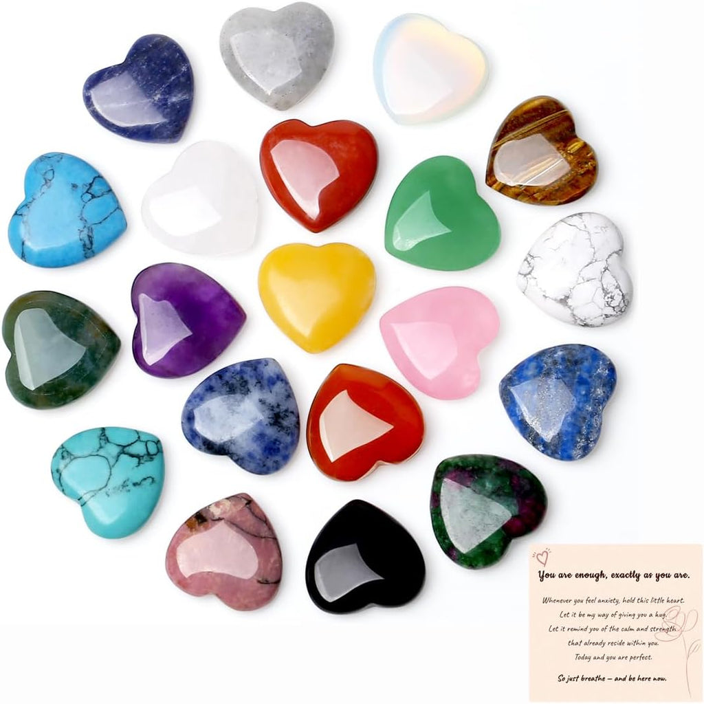 20PCS Crystals and Healing Gemstones Gem Stones Heart Crystal QINJIEJIE Natural Rose Quartz Pocket Amethyst Hearts Palm Stone Polished Crystal Set Bulk Chakra Reiki Good Luck Gifts for Women 0.8"
