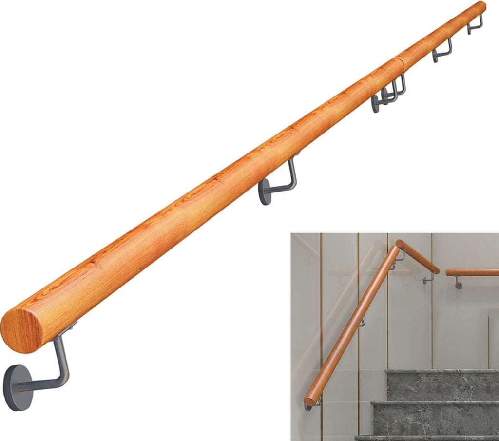SOBS Round Wooden Handrail 1ft-20ft Complete Kit, Indoor Loft Corridor Non-Slip Stair Railings Support Rod, Home Against The Wall Stair Banister Elderly Safety Handrail with Stainless Steel Bracket