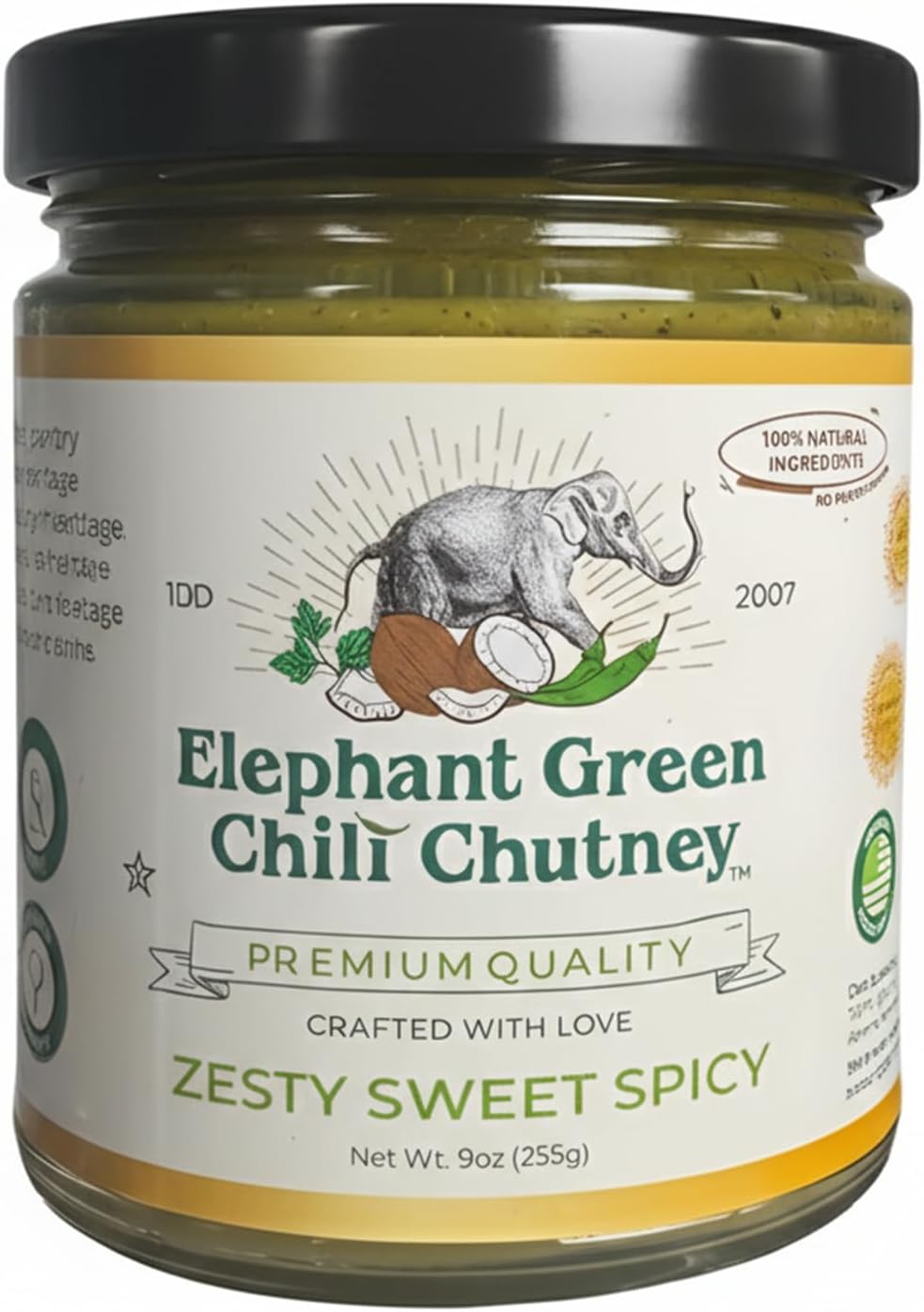 Elephant Green Chili Chutney - 100% Natural, Vegan & Gluten-Free - Bold & Tangy Green Chili Condiment - Fresh Cilantro & Coconut - Perfect for Dipping, Spreading, Cooking & More - 9oz Jar (Pack of 1)