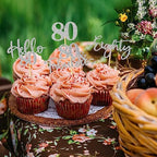 48Pcs 80th Birthday Cupcake Toppers Glitter Hello 80 Cupcake Topper 80 Fabulous Eighty Cupcake Picks for Happy 80th Birthday Wedding Anniversary Party Cake Decorations Supplies, Silver