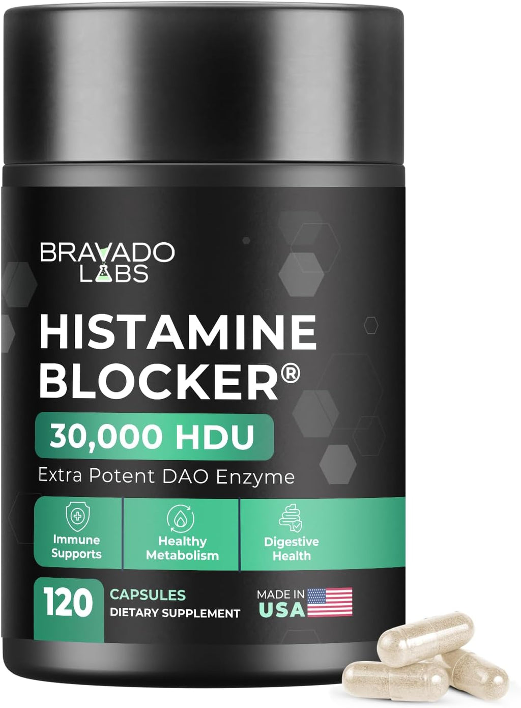 Bravado Labs DAO Supplements Histamine Blocker - Extra Strength 30,000 HDU DAO Enzyme + Diamine Oxidase & Vitamin C for Daily Histamine Metabolism & Immune Support - 120ct