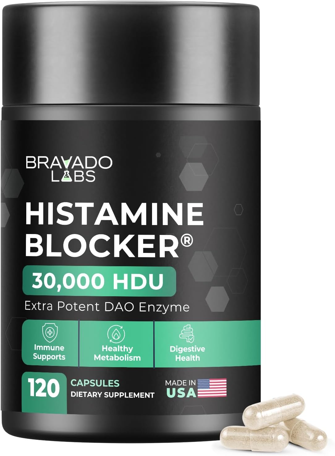 Bravado Labs DAO Supplements Histamine Blocker - Extra Strength 30,000 HDU DAO Enzyme + Diamine Oxidase & Vitamin C for Daily Histamine Metabolism & Immune Support - 120ct