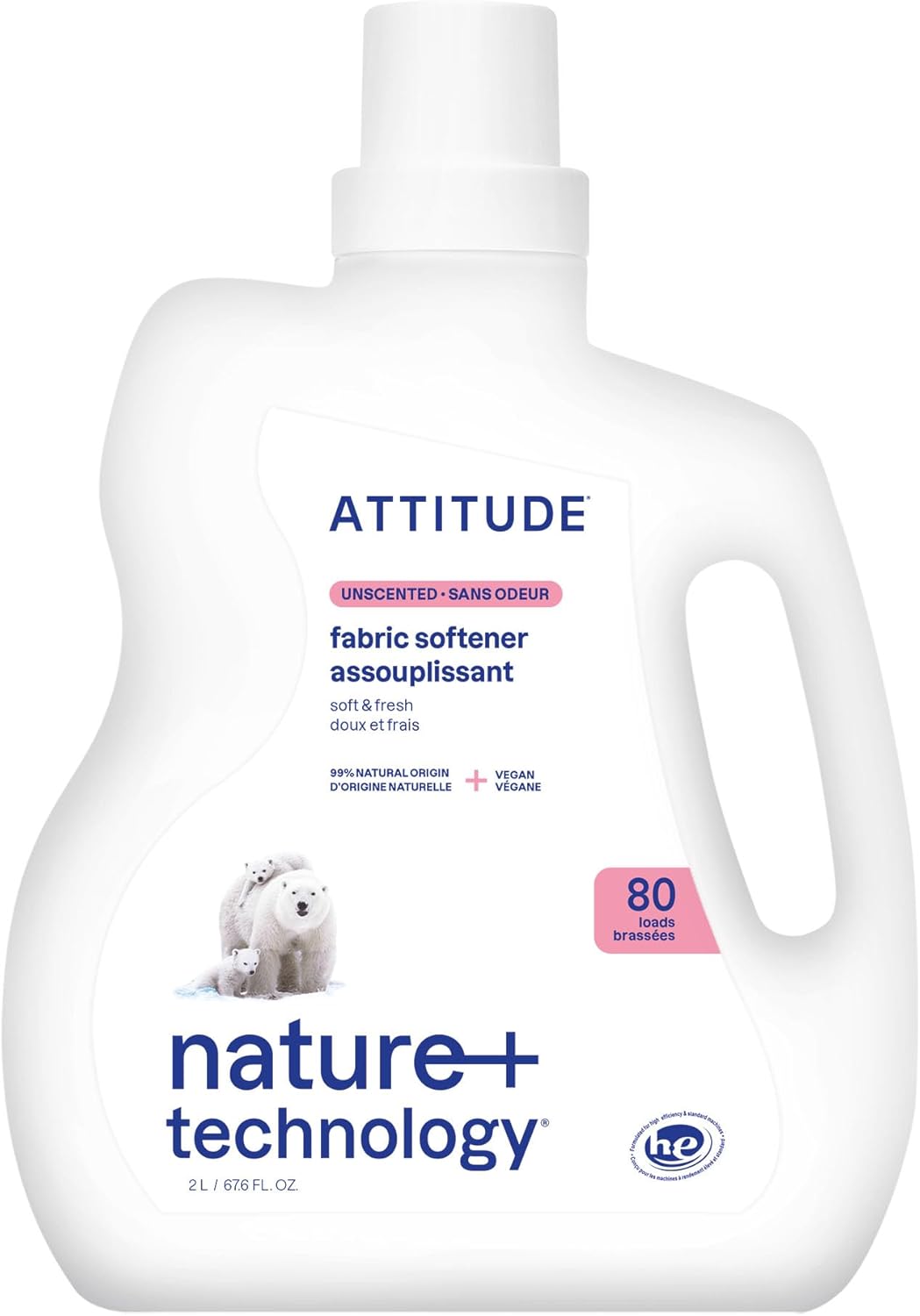 ATTITUDE Liquid Fabric Softener, Plant-Based & Vegan, HE Compatible, Naturally Derived, Unscented, 80 Loads, 67.6 Fl Oz