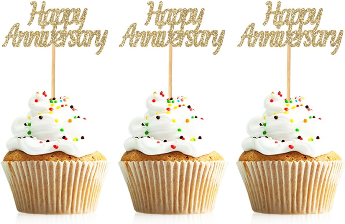48 Pcs Light Gold Glitter Happy Anniversary Cupcake Toppers Picks for Wedding Anniversary Party Cake Decorations