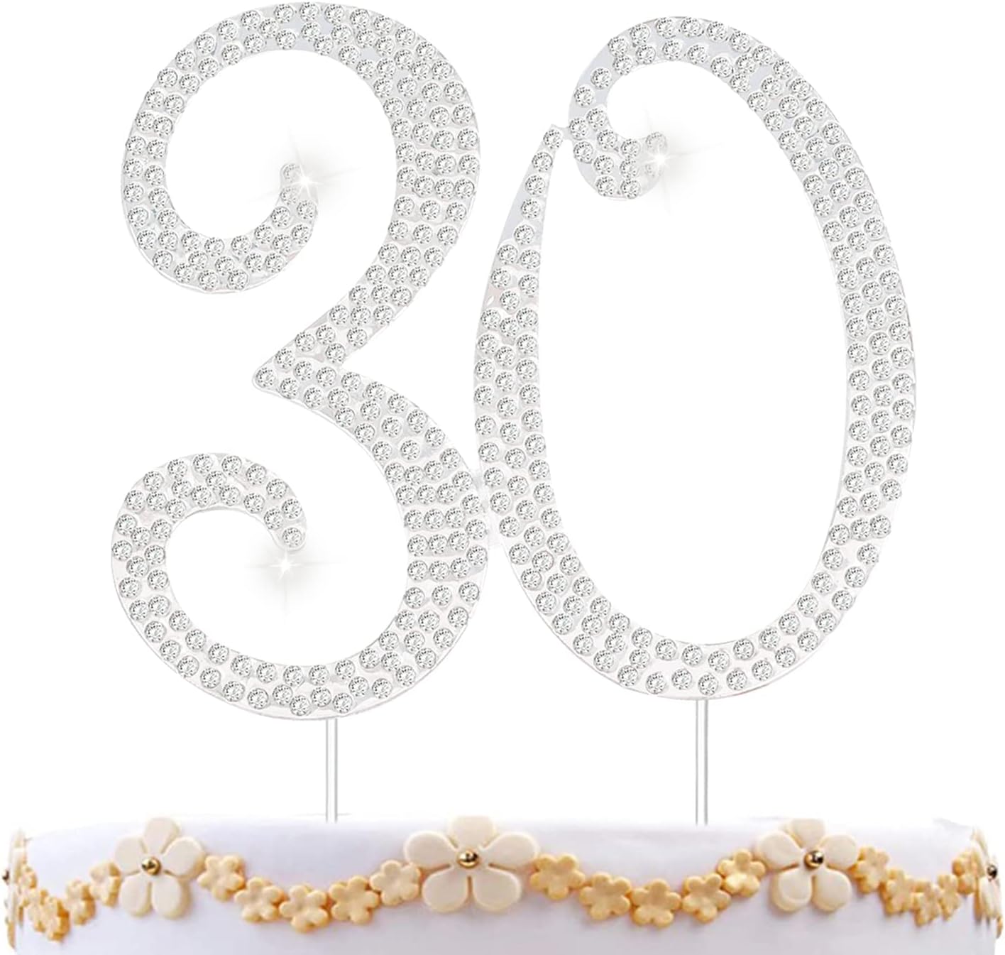 30 Cake Topper 30th Anniversary Birthday Wedding Diamond Cake Topper for Women Bling Rhinestone Cake Decoration Party Supplies Keepsake, Silver