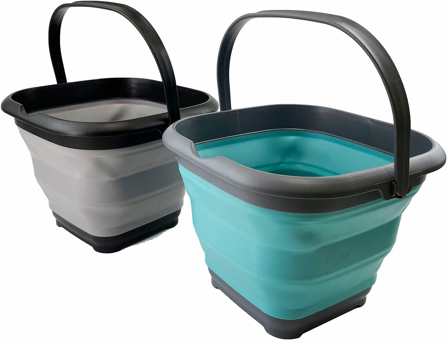 SAMMART 8.5L (2.2 Gallon) Collapsible Square Handy Bucket/Foldable SquareWater Pail/Portable Tub with Handle. Size 31cm (Square) (Alloy Grey + Crystal Blue (Set of 2))
