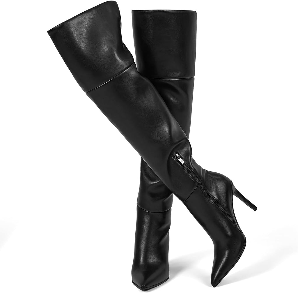 wetkiss Womens Thigh High Boots Stiletto High Heel Over the Knee Fashion Dress Long Boots with Sexy Ponited Toe Zipper up Tall Boots for Date Party Club