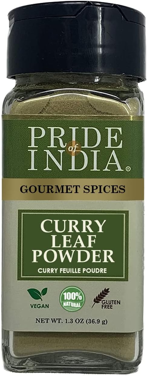 Pride of India – Curry Leaf Ground – Fresh Aroma/Distinct taste – No GMO/No Artificial Color – Traditional Indian Spice – Easy to Use – 1.3 oz. Small Dual Sifter Bottle