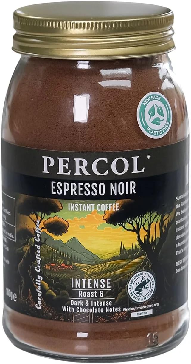 PERCOL ESPRESSO NOIR Instant Coffee Full-Flavored Taste & Silky Crema Finish – Dark, Intense Robusta Blend 3.5 oz 1 Pk