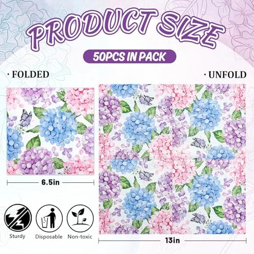 AnyDesign 50Pcs Hydrangea Luncheon Napkins Disposable Paper Napkin Watercolor Butterfly Floral Dessert Dinner Hand Napkin for Spring Summer Wedding Bridal Baby Shower Party Supplies