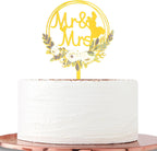 Wedding Cake Topper, Mirror Gold Acrylic Mr & Mrs Design with Floral Wreath, Decorative Celebration Accessory