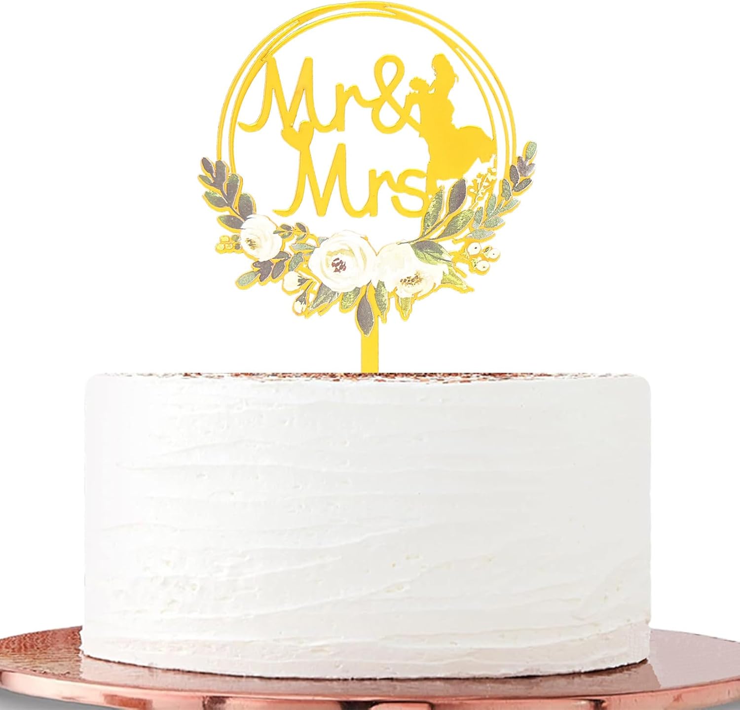 Wedding Cake Topper, Mirror Gold Acrylic Mr & Mrs Design with Floral Wreath, Decorative Celebration Accessory
