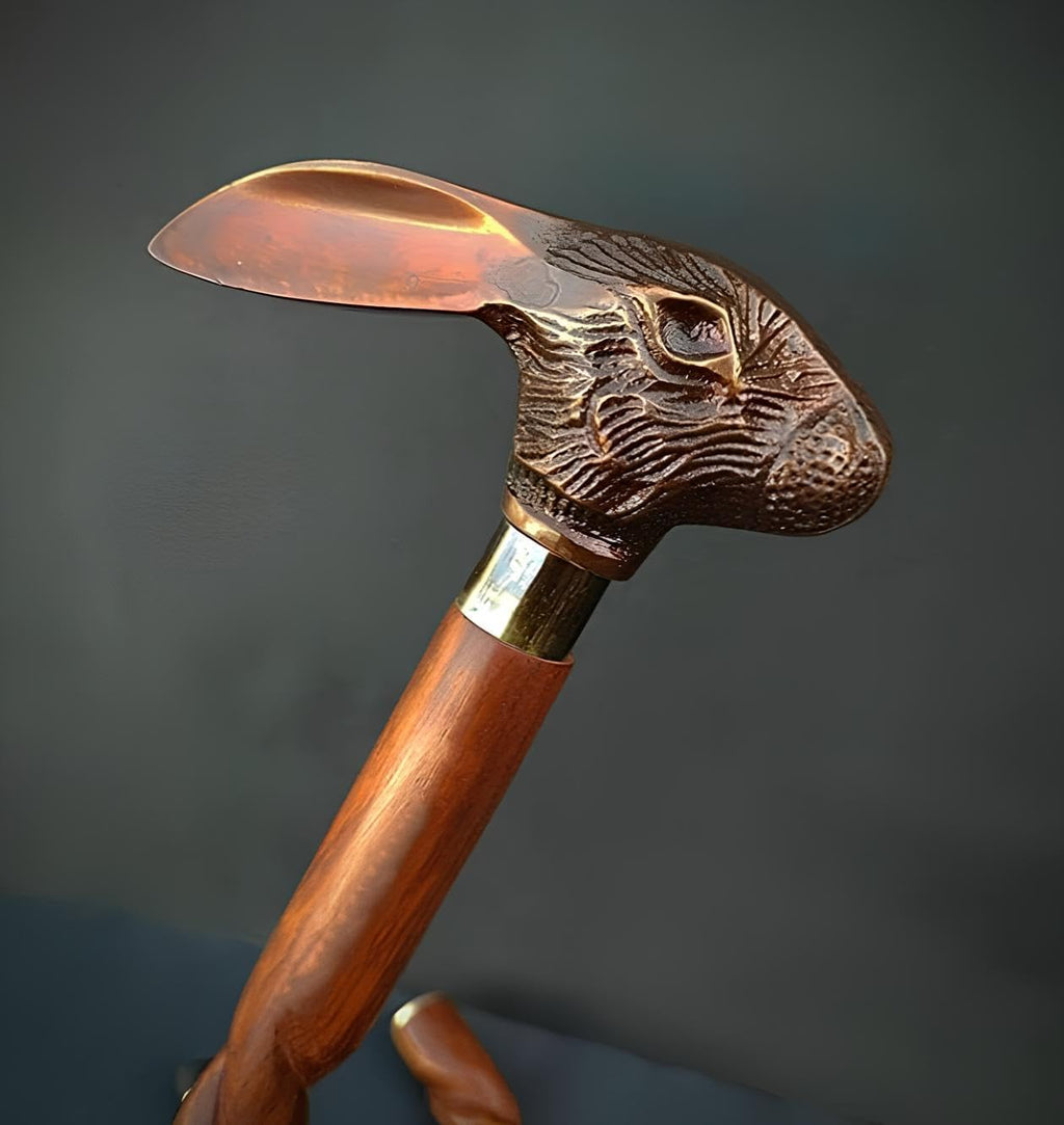 Wooden Walking-Stick with Antiquated Brass Handle, Animal Head Handmade Victorian Foldable Walking Cane for Seniors & Unisex Adults