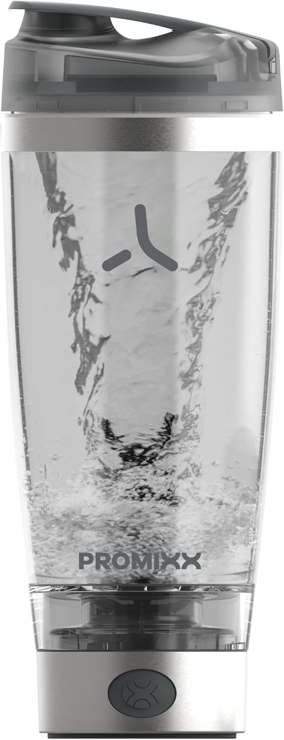 Promixx Pro Electric Protein Shaker Bottle – USB Rechargeable, 20oz BPA-Free Steel Cup with Patented X-Blade – Smooth Shakes, Leak-proof, Portable Shaker for Protein Powder & Supplements-Silver/Gray