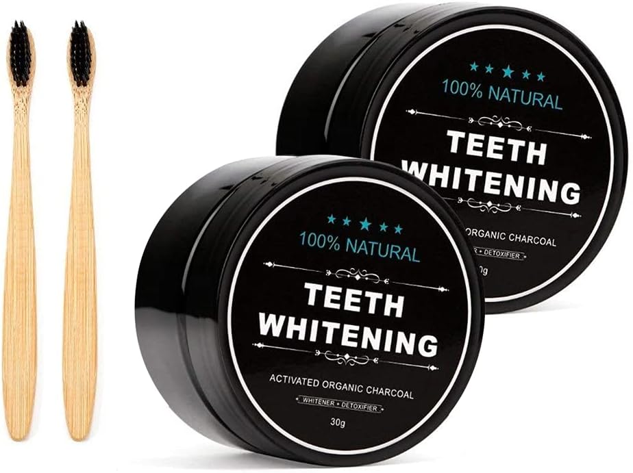 2-Pack Teeth Whitening Charcoal Powder + Bamboo Brush Oral Care Sets, WUBLSYAN Natural Activated Charcoal Teeth Whitener Powder