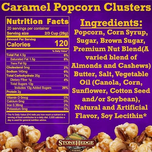 Stonehedge Farms Gourmet Caramel Popcorn Clusters | 20 oz Reclosable Container | Mix Of Pop corn, Cashews, Almonds and Butter Toffee | Holiday Snack Gift