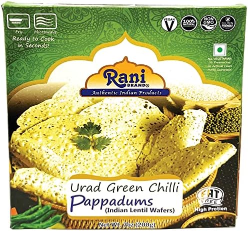 Rani Pappadums (Indian Lentil Wafer Snack) Green Chilli Papad 7oz (200g) Approximately 15pc, 7 inches, Pack of 2 ~ All Natural | Gluten Friendly | NON-GMO | Vegan | Indian Origin