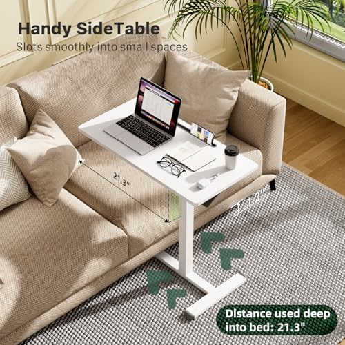 Gibbon Mounts Mobile Standing Desk, Pneumatic Adjustable Rolling Desk(31.5 Inches), Portable Laptop Desk with Wheels, Overbed Bedside Table Laptop Table for Couch, Home, Office, White