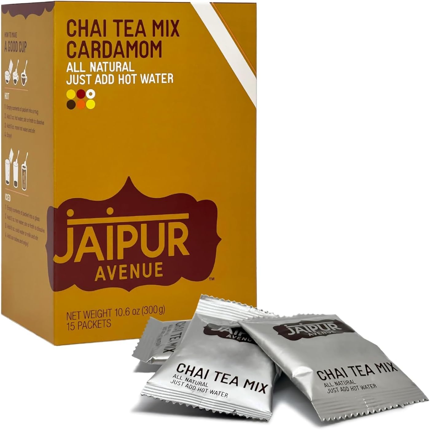 Jaipur Avenue Cardamom Chai Tea Mix Crafted with All-Natural Assam Black Tea, Cardamom, Cane Sugar, and Premium Dry Milk - Preservative-Free, Gluten-Free, Authentic Indian Chai Tea Latte (15 Servings)