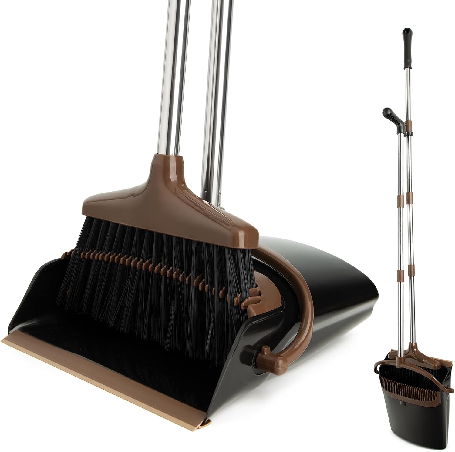 Broom and Dustpan Set with Long Handle, Light Weight Stainless Steel Poles Stand Upright Dustpans with Broom Combo for Home Kitchen Office Pet Dog Hair, 1-Pack (Black Brown)