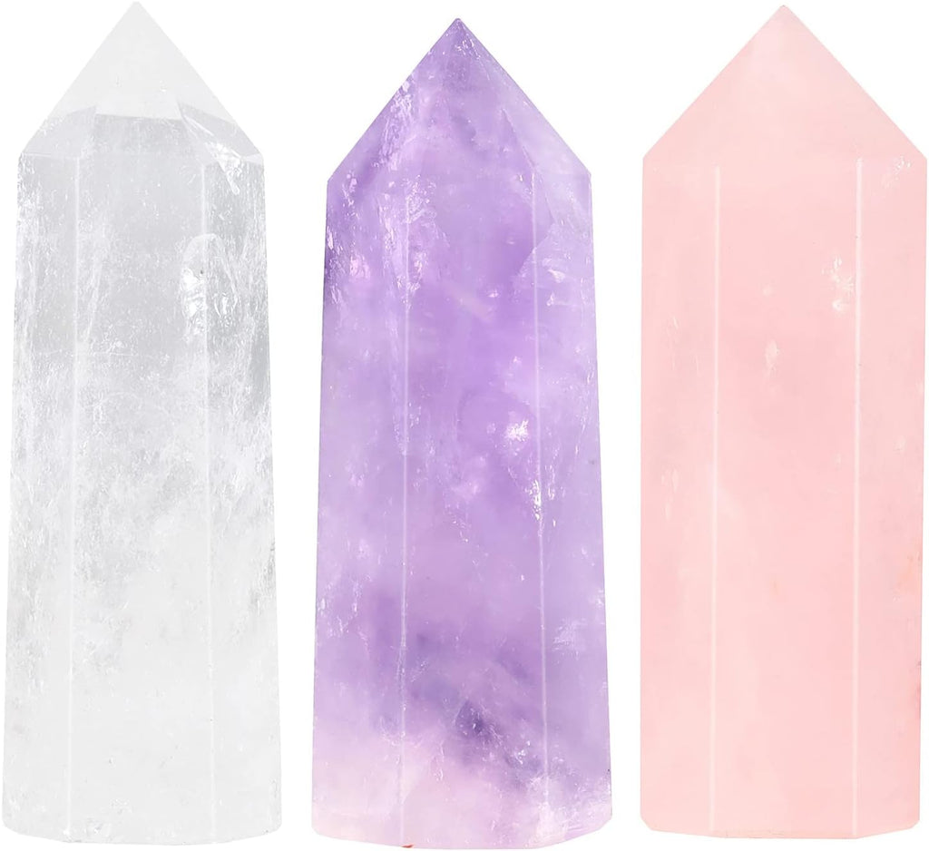 3 Pcs Hexagonal Points Healing Crystal Wand for Spiritual Therapy Witches Meditation Jewelry Making Balance Chakra Protection Home Decor, Amethyst & Rose Quartz & Rock Crystal