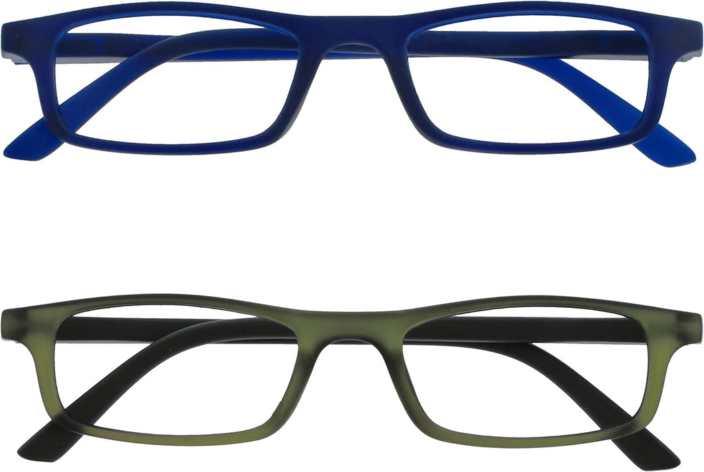 OPULIZE TED Reading Glasses for Women Men, Lightweight Narrow Rectangular Matt Frame with Spring Hinges, Blue Khaki Green +3.00 (Pack of 2)