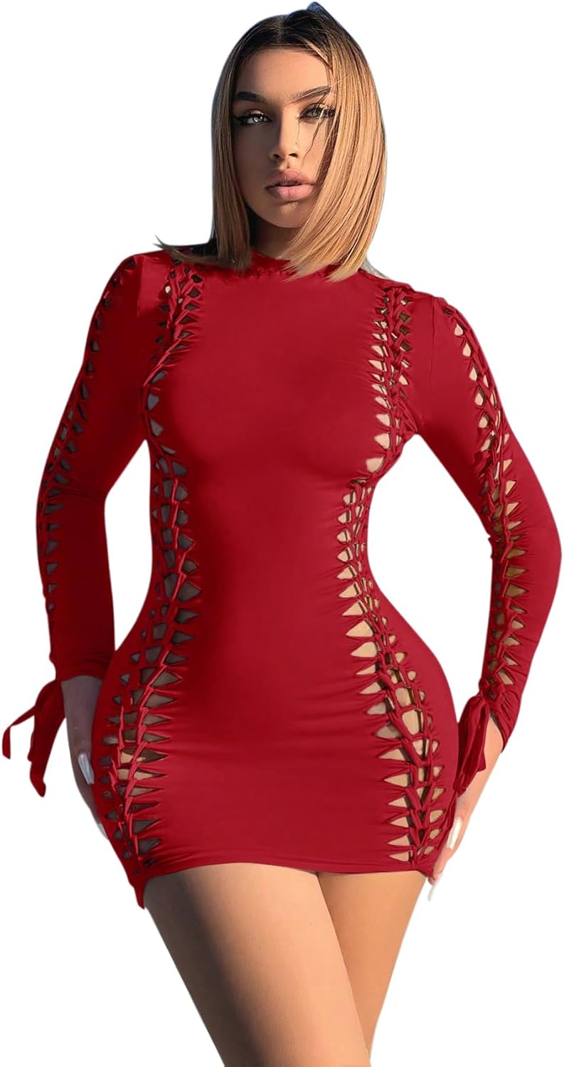 Women's Sexy Bodycon Dresses Crew Neck Long Sleeve Cutout Short Mini Dress Party Trendy Date Night Concert