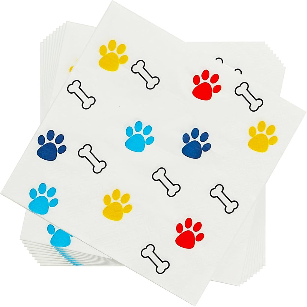 100 Count Disposable Paper Party Napkins 2 Ply Paw Print Decorative Beverage Guest Luncheon Dinner Cocktail Napkins for Doggy Animal Themed Party, 6.5X6.5 Inches Folded