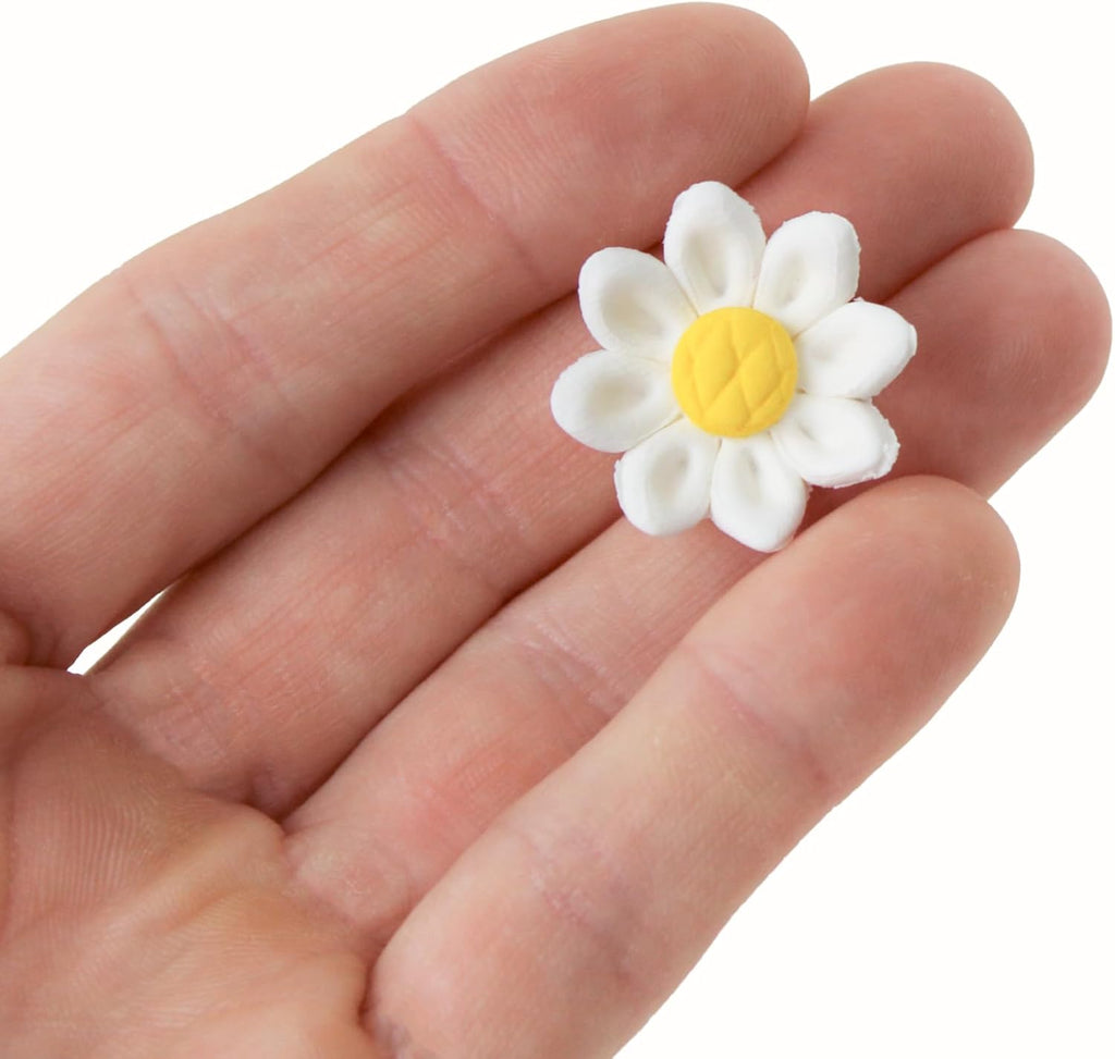 72 Count Edible Daisy Cake Decorations, Mini Edible Flowers, White & Yellow Sugar Flowers, Daisy Cupcake Toppers for Cakes & Cupcakes, Edible Cake Decorations, Global Sugar Art (3/4 Inch)