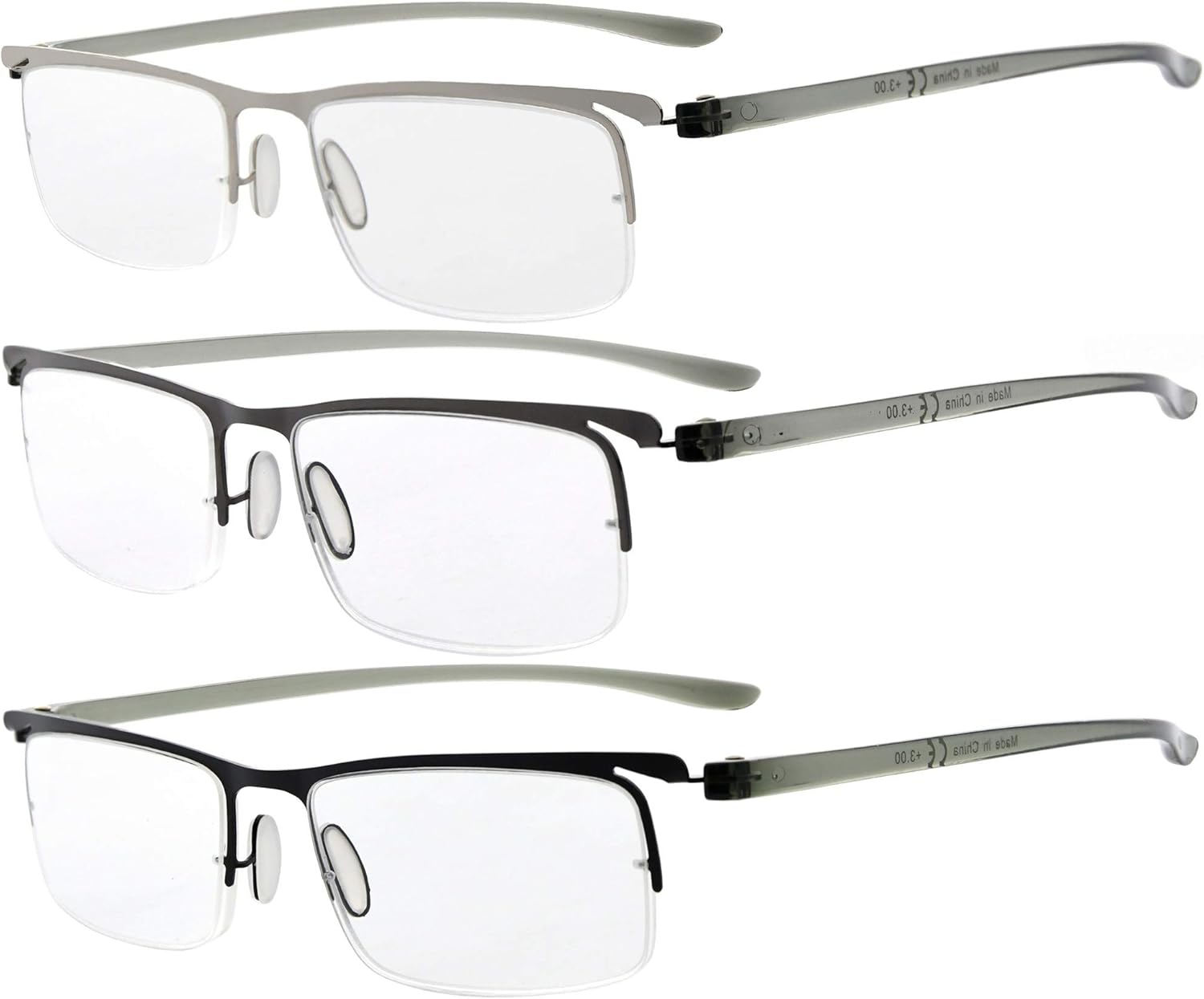 Eyekepper 3 Pairs Half-rim Reading Glasses for Men Metal Readers +2.00