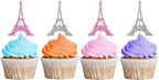 24PCS Eiffel Tower Cupcake Toppers, Wedding Party Decor, Bridal Shower Dessert Cupcake Toppers, Paris Themed Birthday Party Decoration - Pink & Sliver Glitter