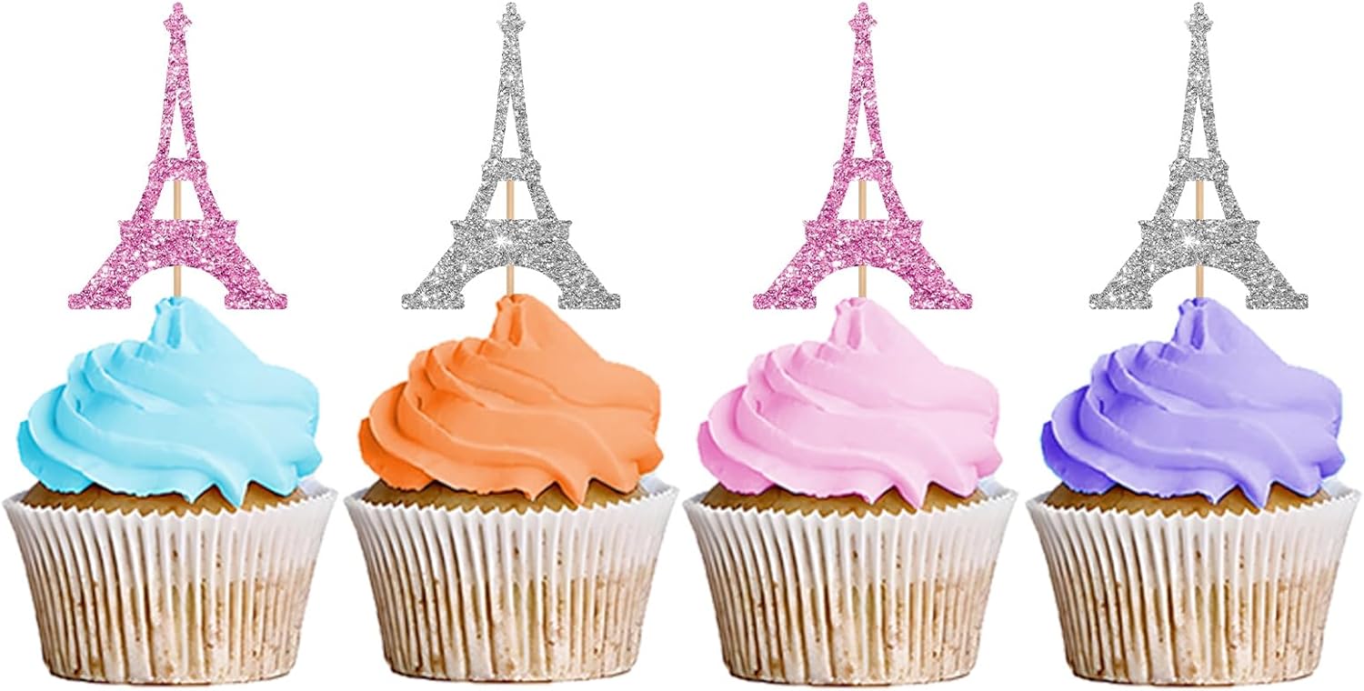 24PCS Eiffel Tower Cupcake Toppers, Wedding Party Decor, Bridal Shower Dessert Cupcake Toppers, Paris Themed Birthday Party Decoration - Pink & Sliver Glitter