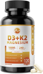 M inch Vitamin D3 K2 with Magnesium, Vitamin D3 10000 IU, Vitamin K2 MK-7 240 mcg, 6-in-1 K2 D3 Vitamin Supplement with Quercetin for Bone, Immune & Moo*d Support, Highly Bioavailable, 120 Capsules